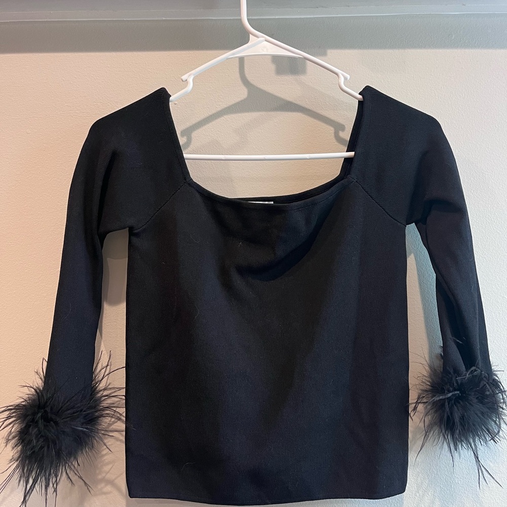 Lucy Paris Black Top with Feather Cuffs